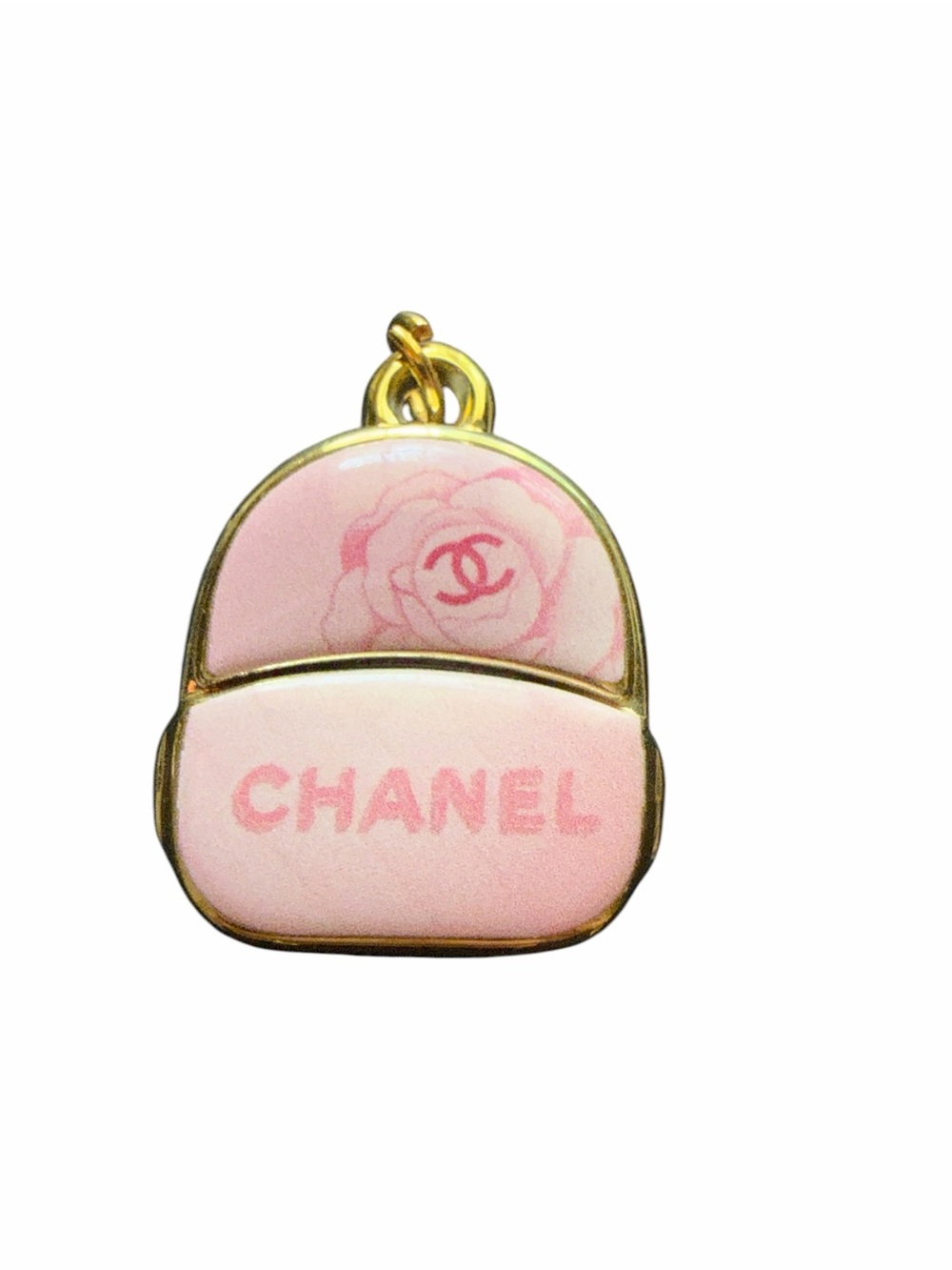 CHANEL Pink Camellia Enamel Bag Charm with Gold Trim